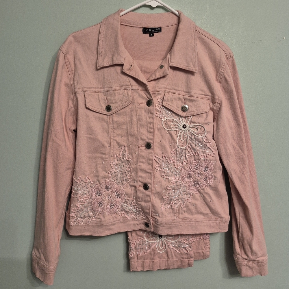 Impulse California Women's Pink Embroidered Floral Jacket Pant Set Size Small/6 - Picture 2 of 9